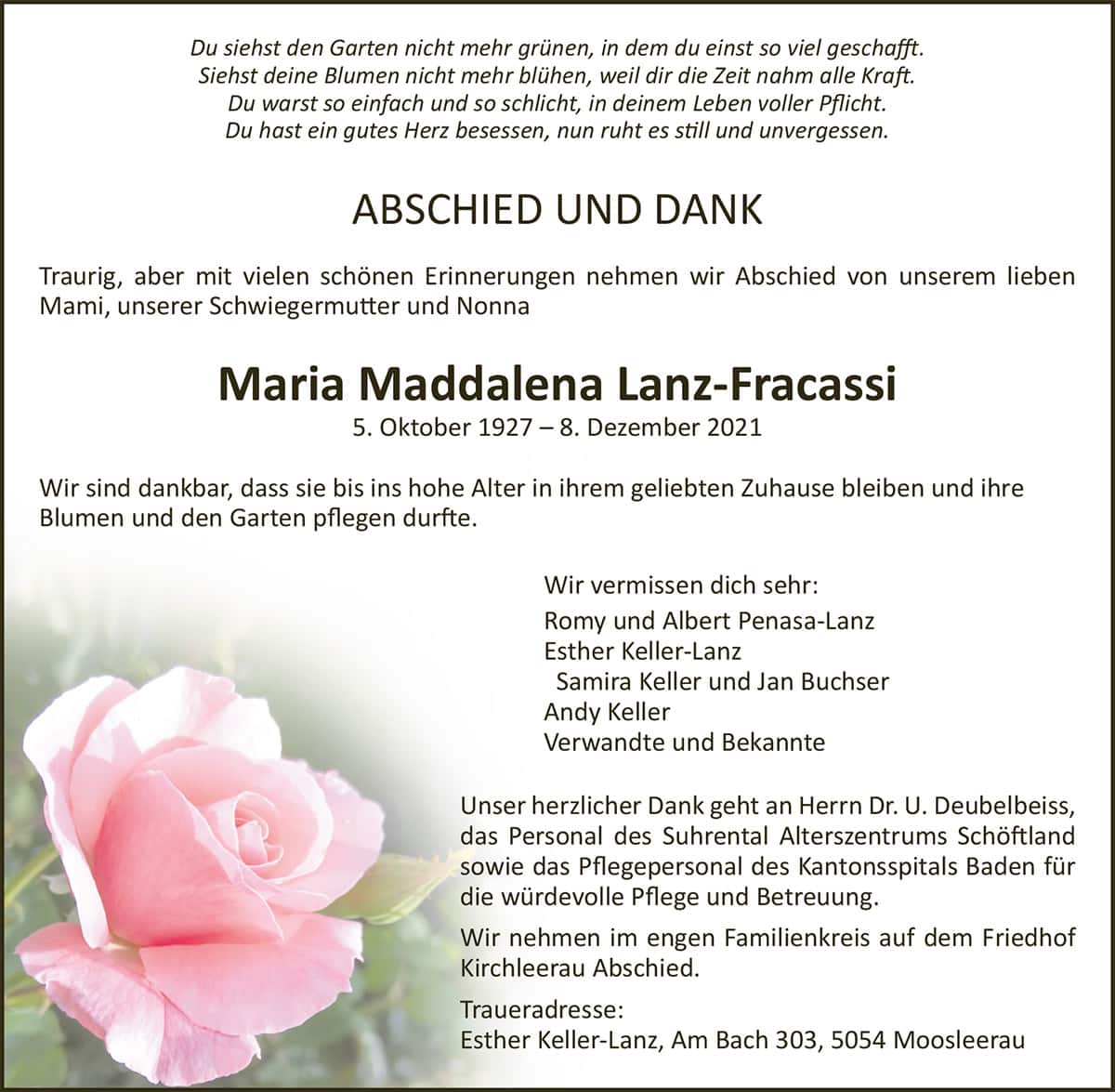 Todesanzeige Maria Maddalena Lanz-Fracassi 1927 | Der Landanzeiger