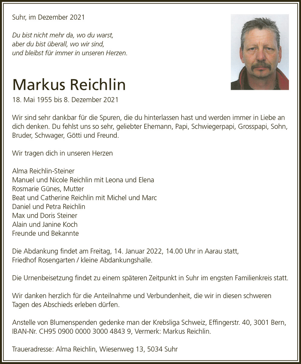 Todesanzeige Markus Reichlin 1955 | Der Landanzeiger