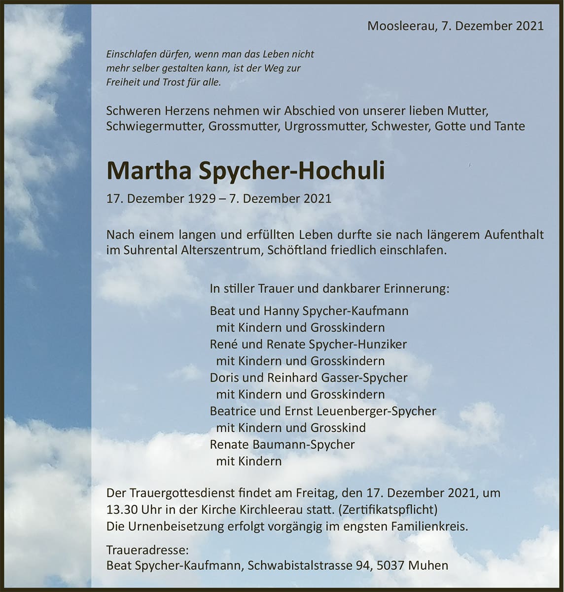 Todesanzeige Martha Spycher-Hochuli 1929 | Der Landanzeiger