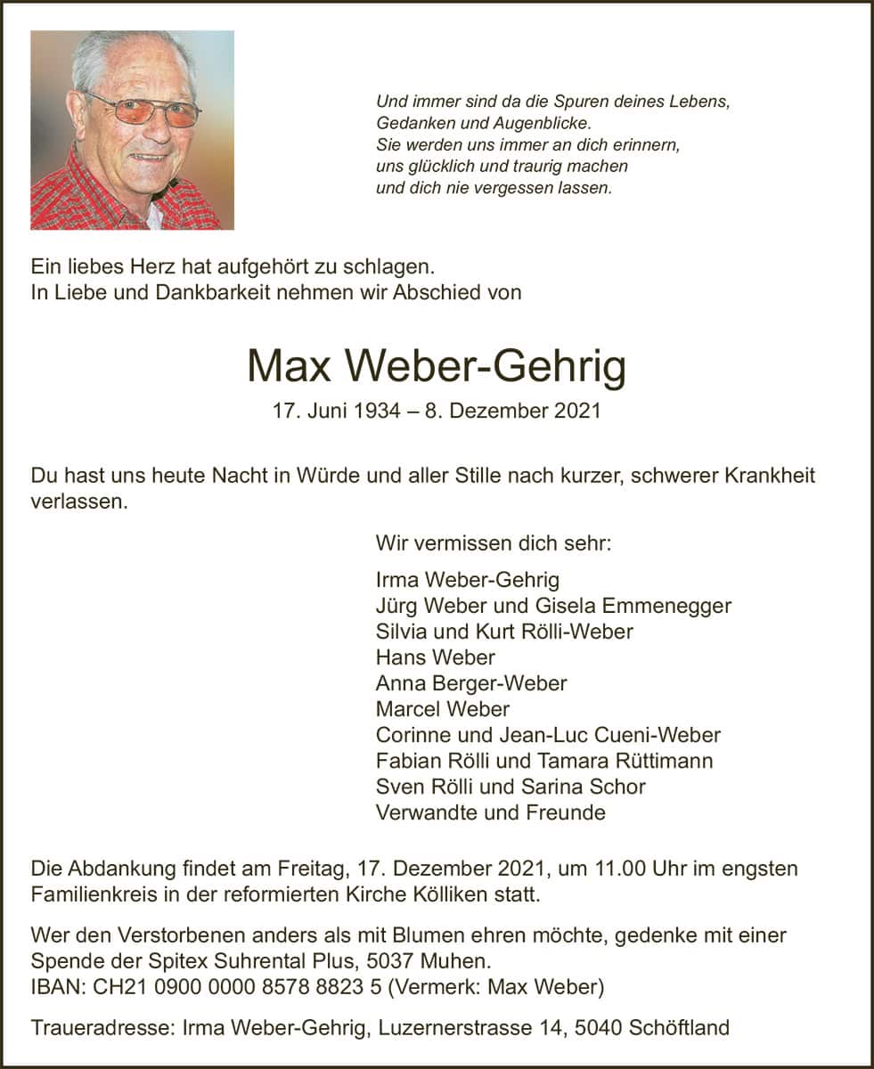 Todesanzeige Max Weber-Gehrig 1934 | Der Landanzeiger