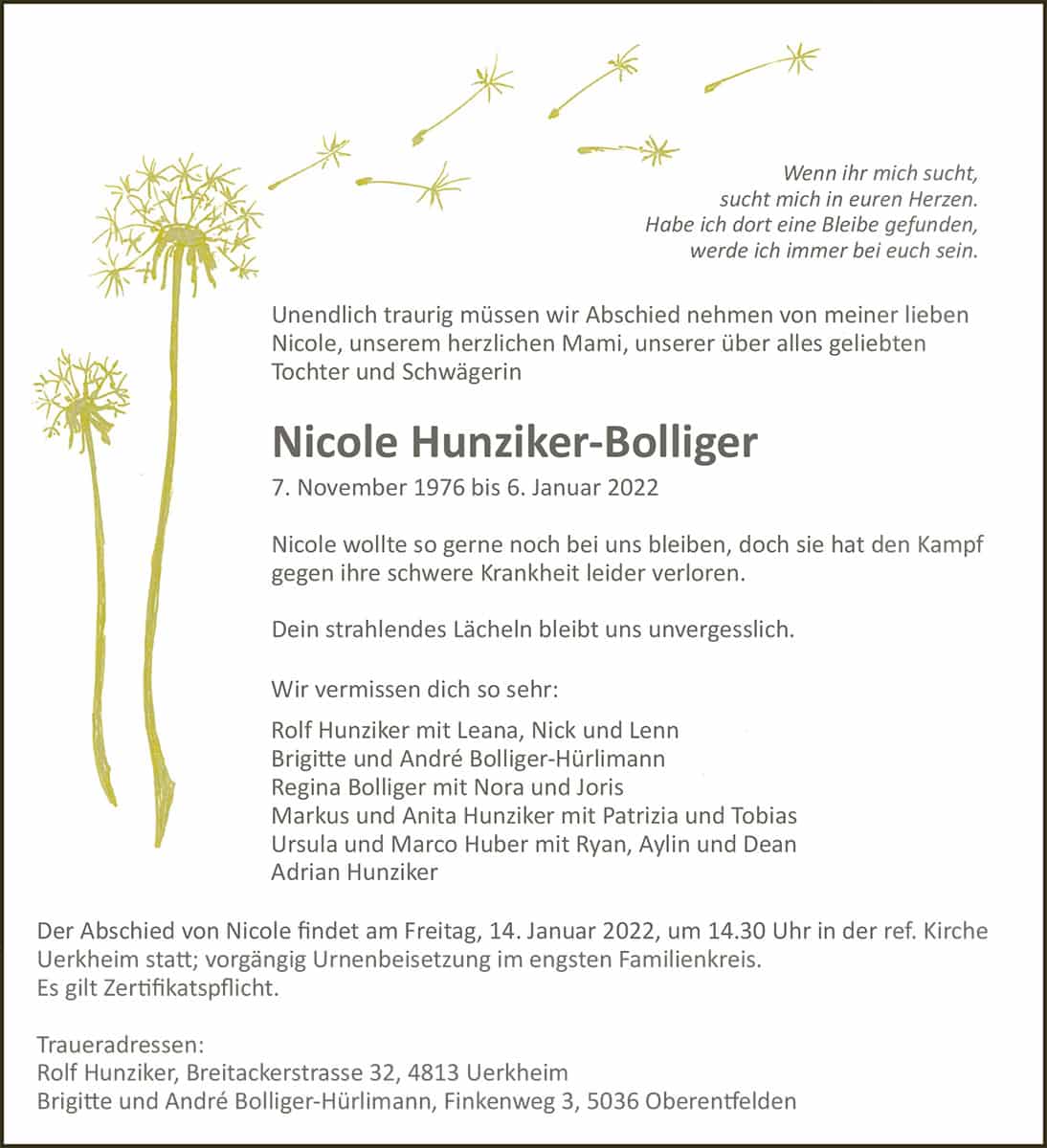 Todesanzeige Nicole Hunziker-Bolliger 1976 | Der Landanzeiger