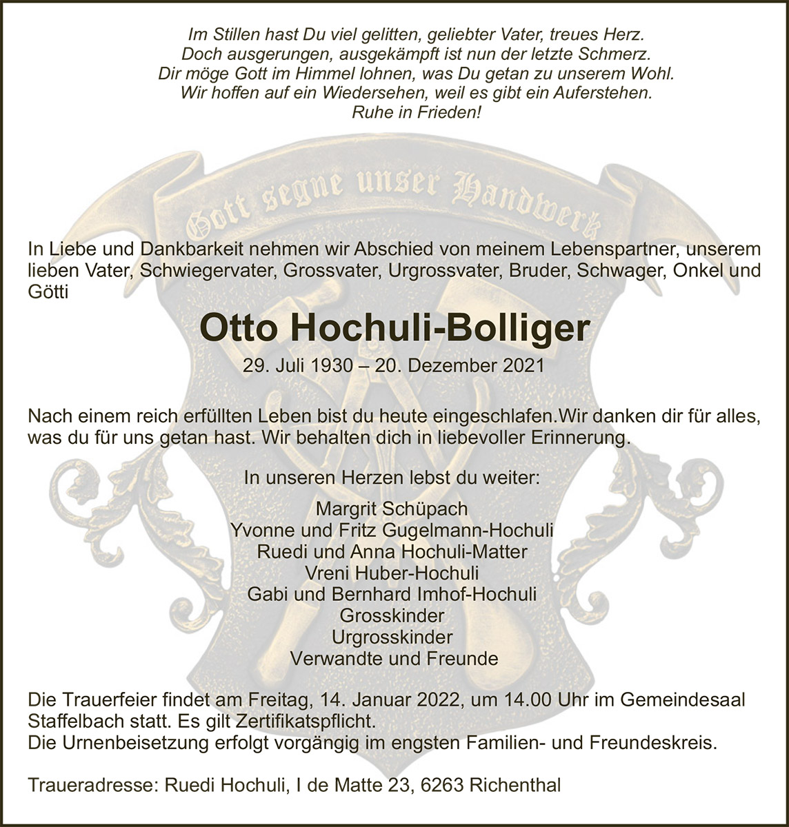 Todesanzeige Otto Hochuli-Bolliger 1930 | Der Landanzeiger