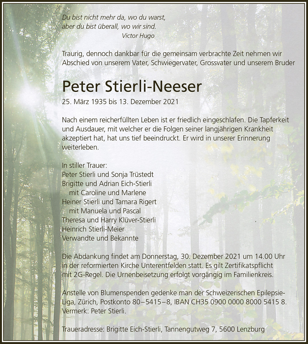 Todesanzeige Peter Stierli-Neeser 1935 | Der Landanzeiger
