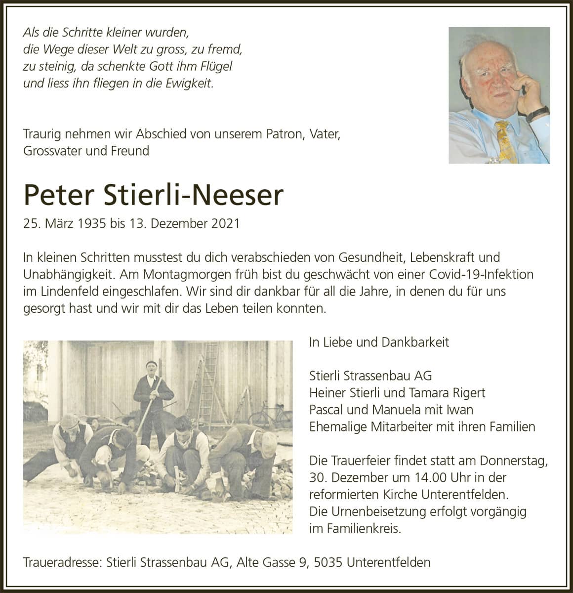 Todesanzeige Peter Stierli-Neeser 1935 | Der Landanzeiger