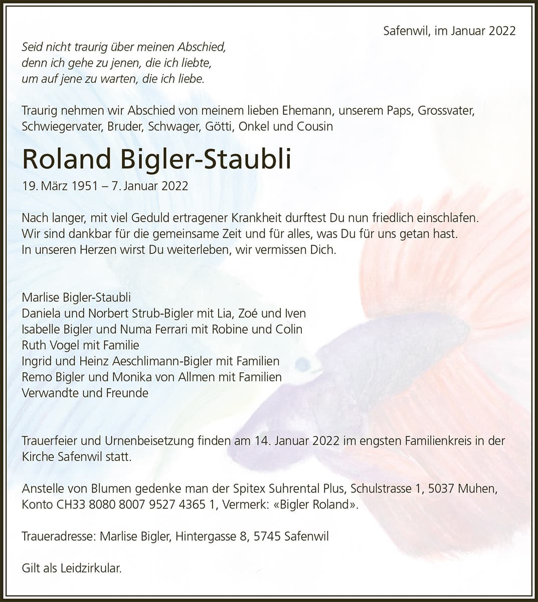 Todesanzeige Roland Bigler-Staubli 1951 | Der Landanzeiger