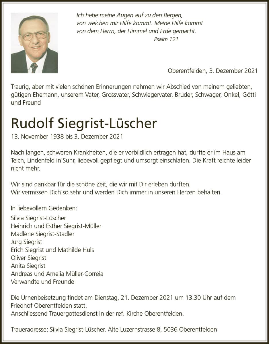 Todesanzeige Rudolf Siegrist-Lüscher 1938 | Der Landanzeiger