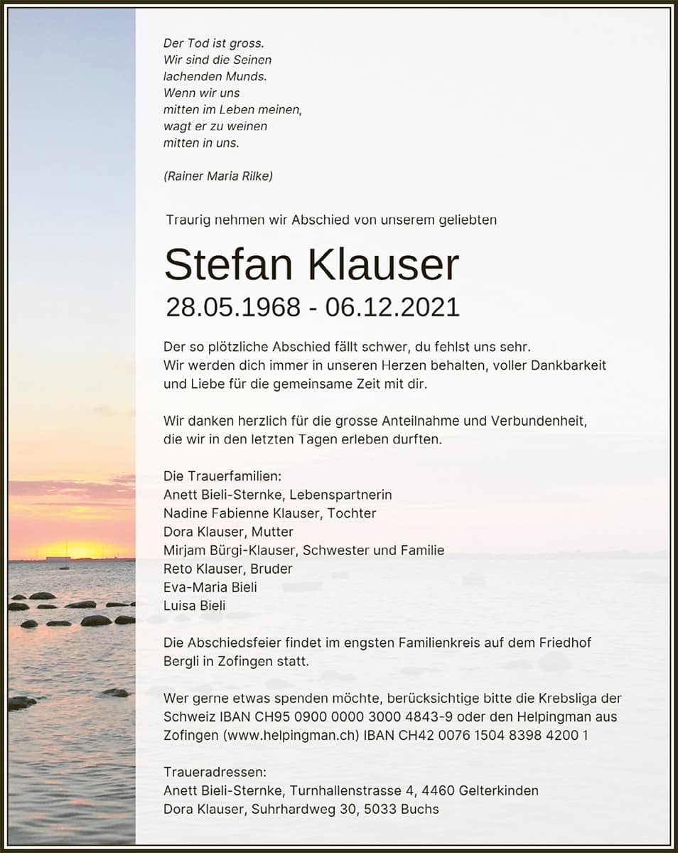 Todesanzeige Stefan Klauser 1968 | Der Landanzeiger