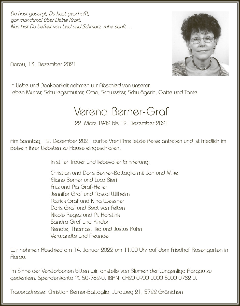 Todesanzeige Verena Berner-Graf 1942 | Der Landanzeiger