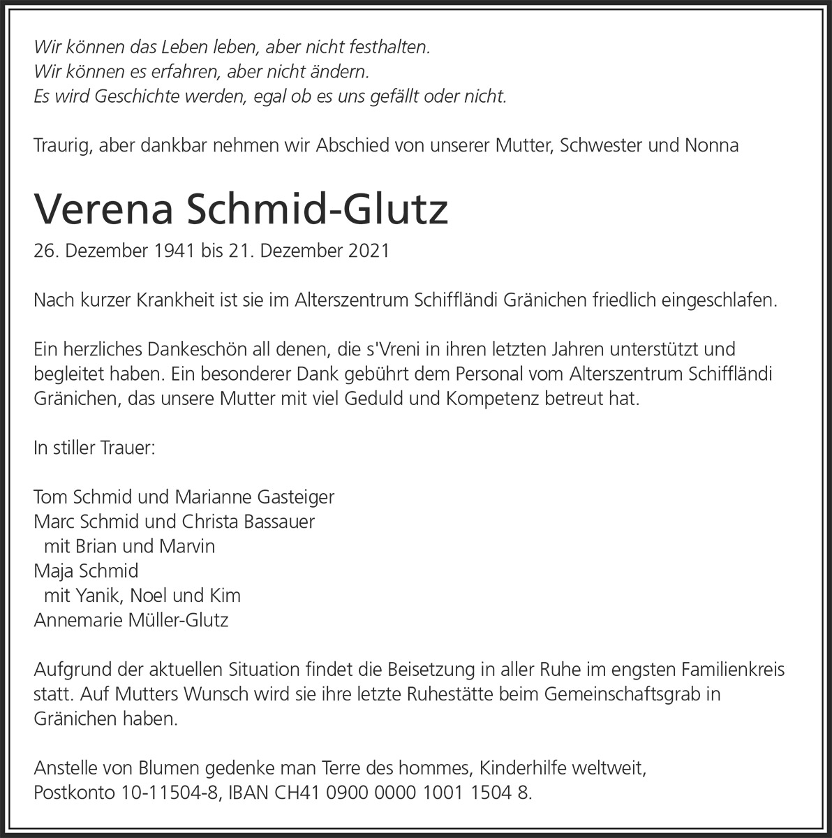 Todesanzeige Verena Schmid-Glutz 1941 | Der Landanzeiger