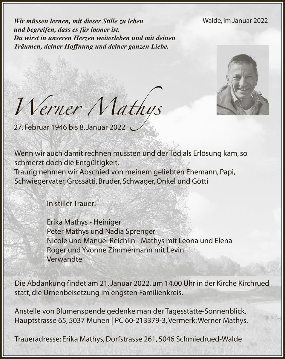 Todesanzeige Werner Mathys 1946 | Der Landanzeiger