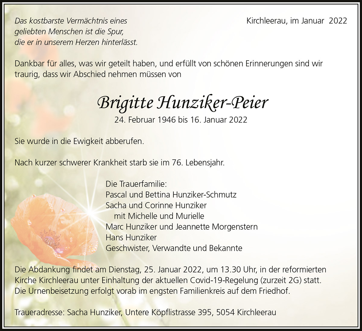 Todesanzeige Brigitte Hunziker-Peier 1946 | Der Landanzeiger