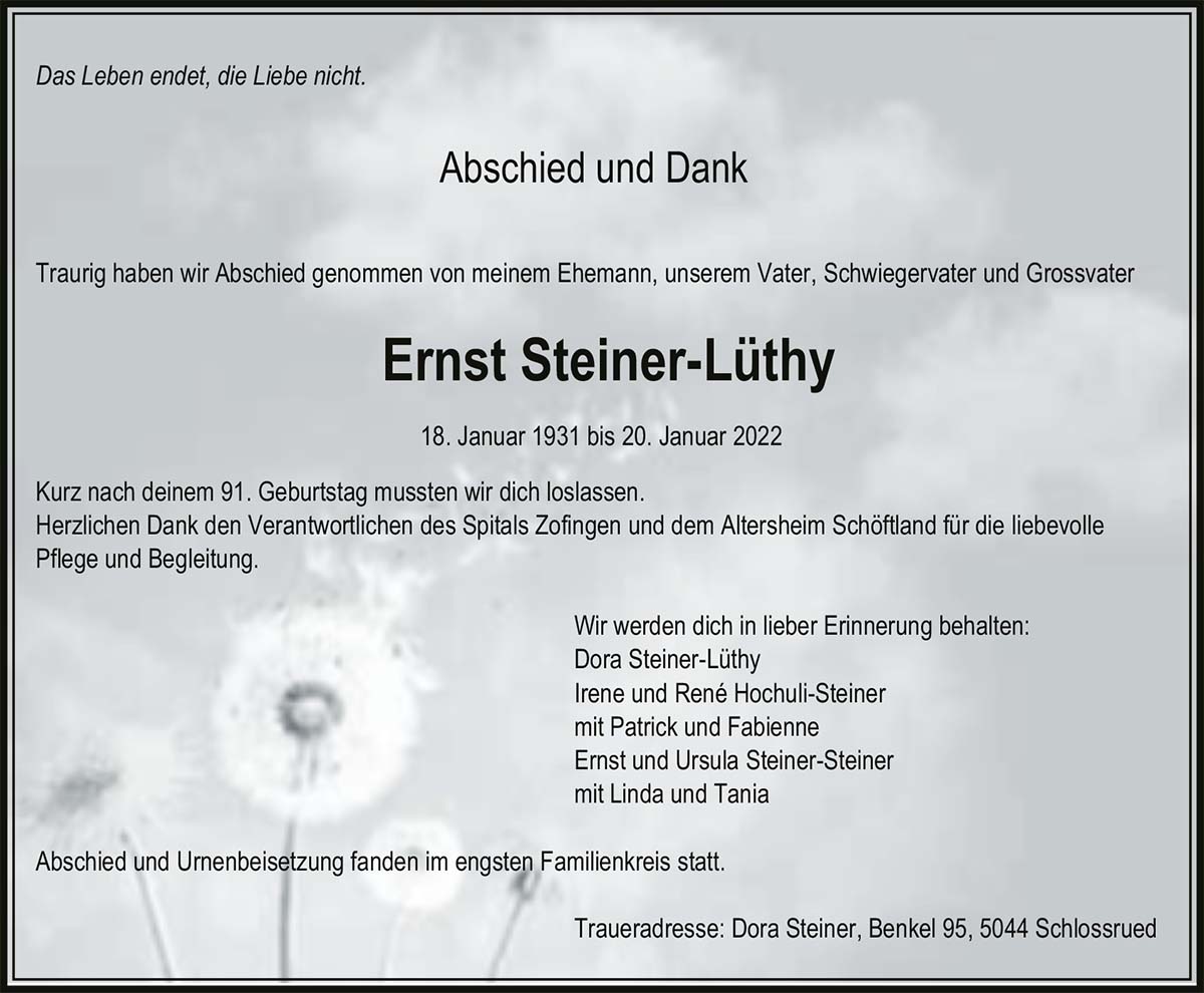 Todesanzeige Ernst Steiner-Lüthy 1931 | Der Landanzeiger