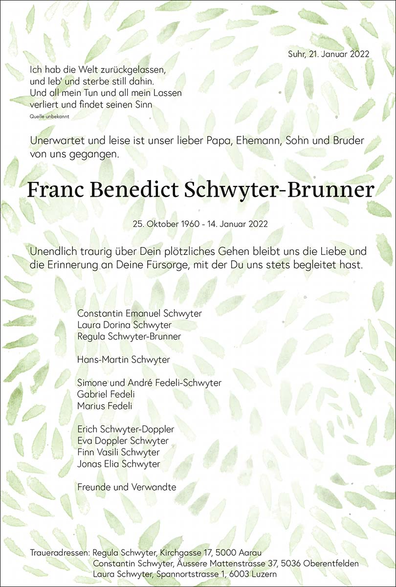 Todesanzeige Franc Benedict Schwyter-Brunner 1960 | Der Landanzeiger