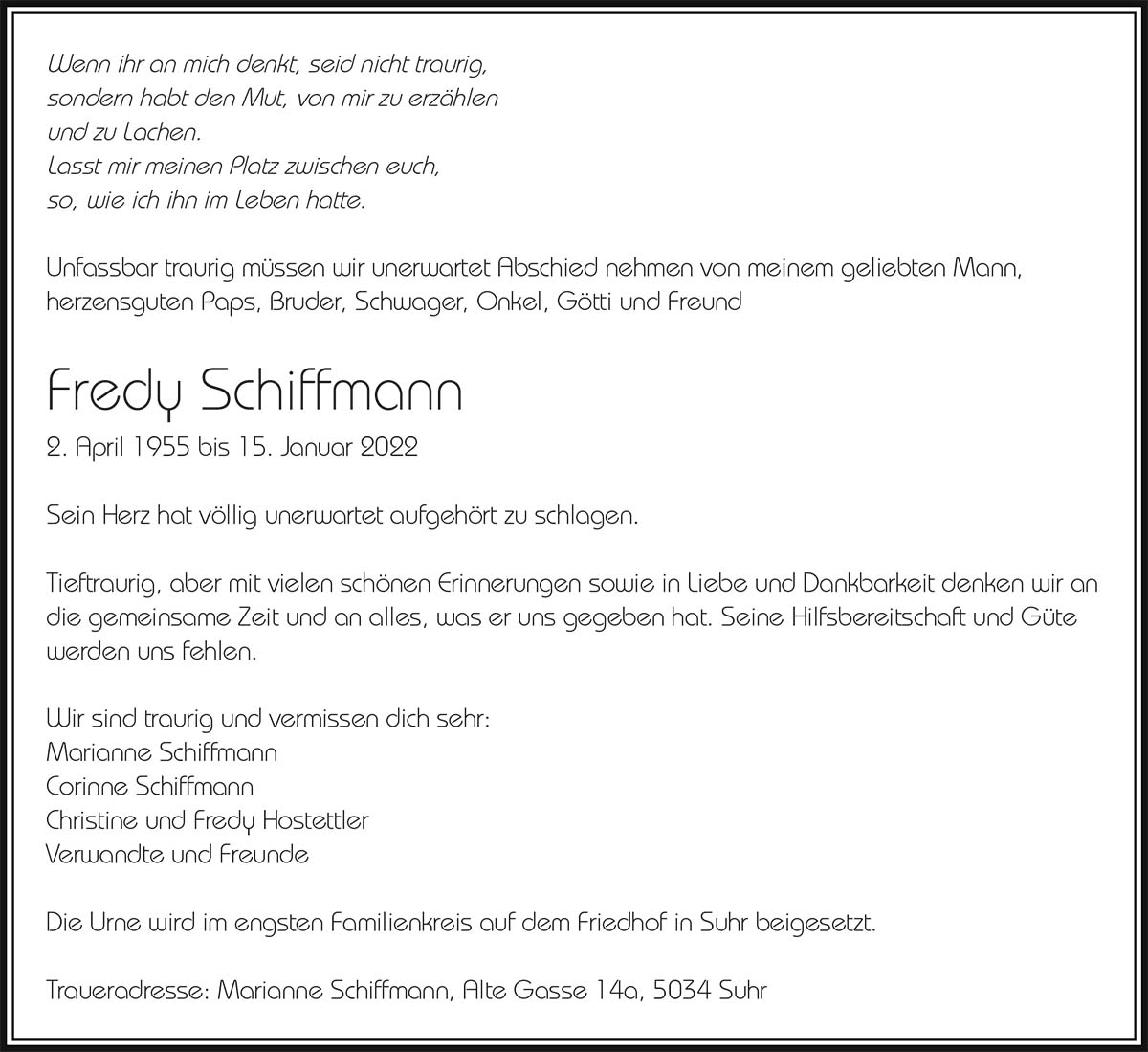 Todesanzeige Fredy Schiffmann 1955 | Der Landanzeiger