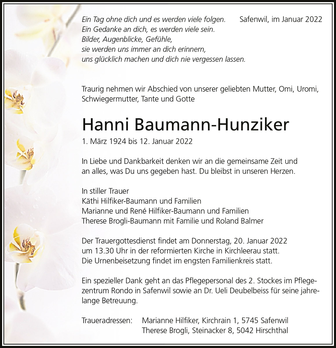 Todesanzeige Hanni Baumann-Hunziker 1924 | Der Landanzeiger