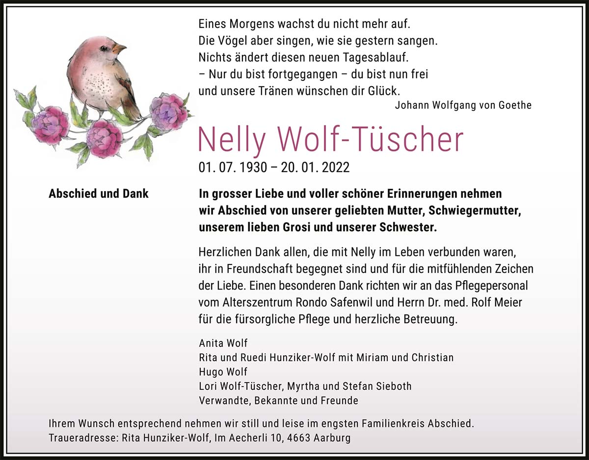 Todesanzeige Nelly Wolf-Tüscher 1930 | Der Landanzeiger