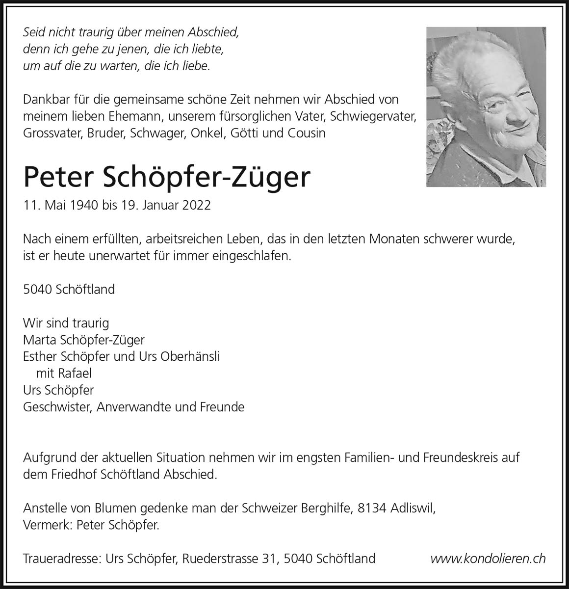 Todesanzeige Peter Schöpfer-Züger 1940 | Der Landanzeiger