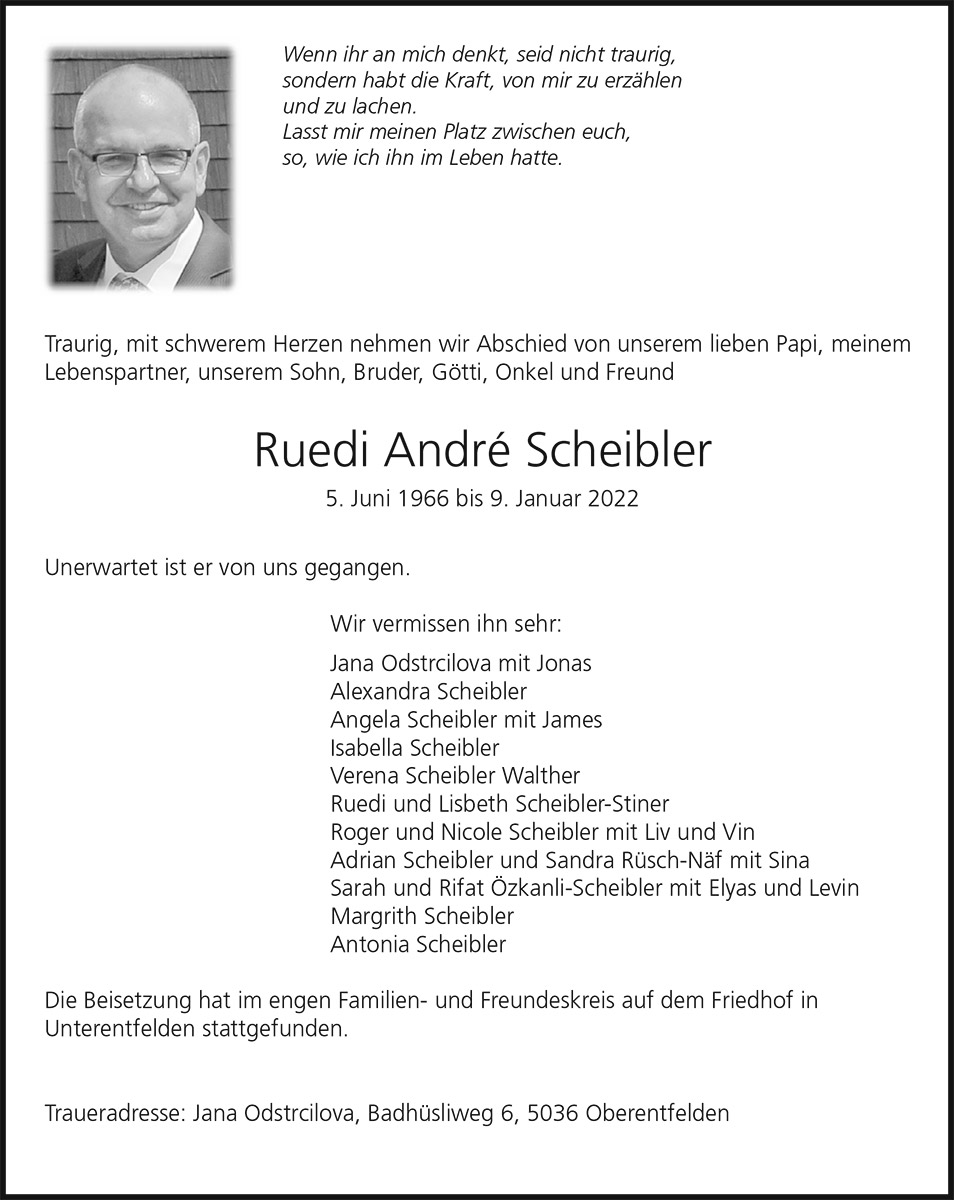 Todesanzeige Ruedi André Scheibler 1966 | Der Landanzeiger
