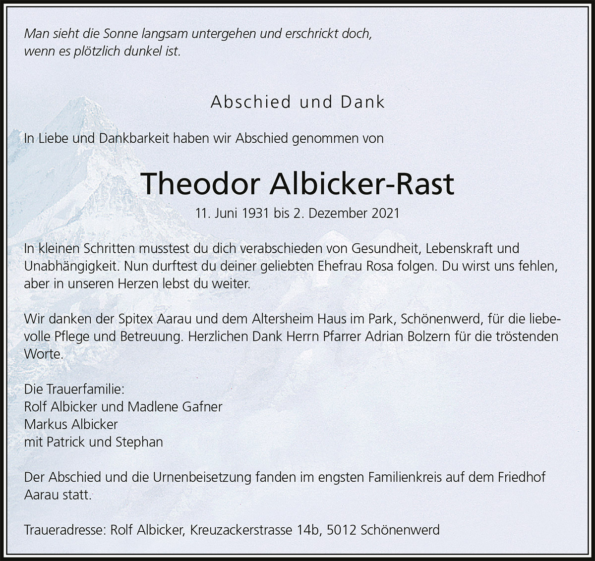 Todesanzeige Theodor Albicker-Rast 1931 | Der Landanzeiger