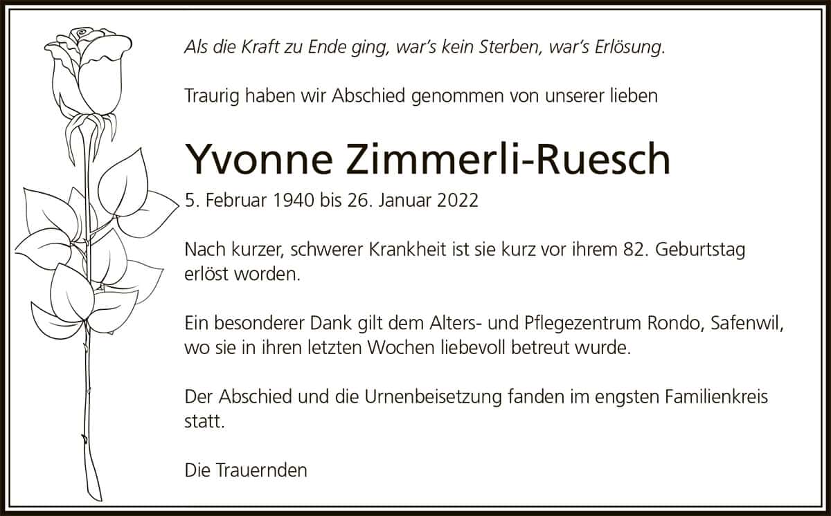 Todesanzeige Yvonne_Zimmerli-Ruesch_1940 | Der Landanzeiger