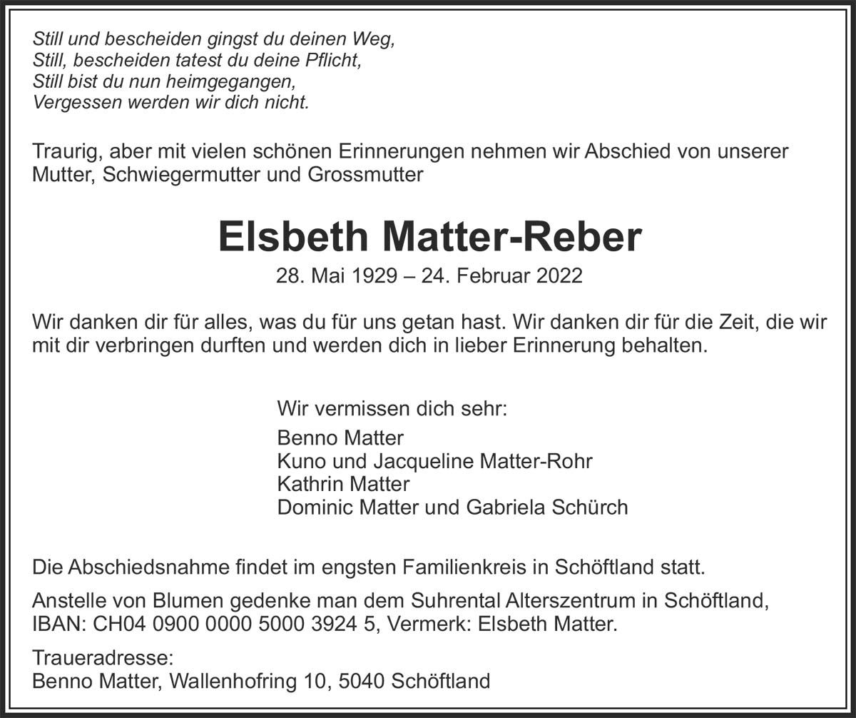 Todesanzeige Elsbeth Matter-Reber 1929 | Der Landanzeiger