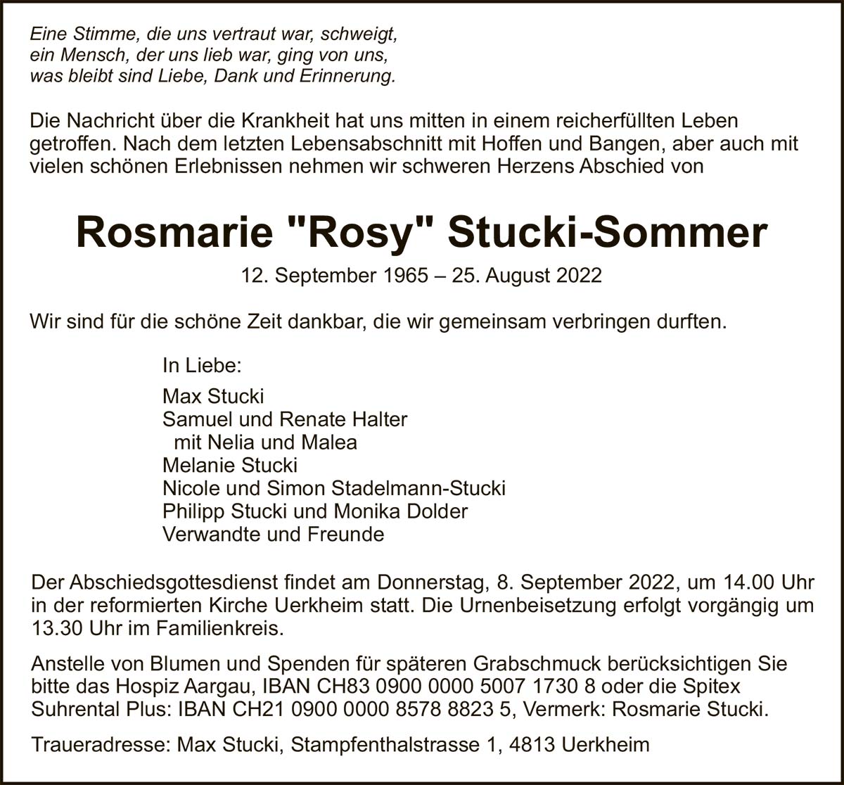 Todesanzeige Rosmarie «Rosy» Stucki-Sommer 1965 | Der Landanzeiger