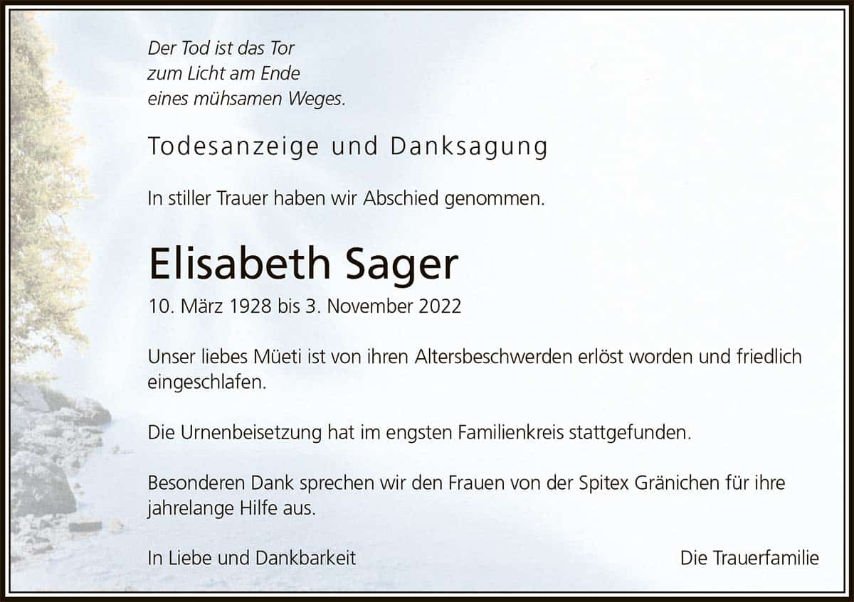 Todesanzeige Elisabeth Sager 1928 | Der Landanzeiger