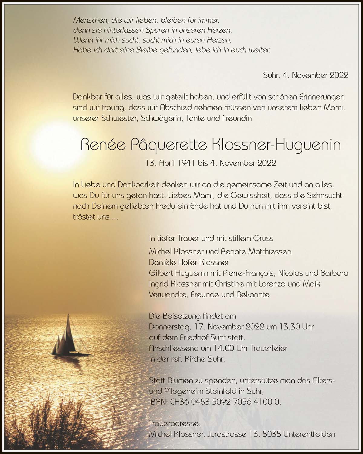 Todesanzeige Renée Pâquerette Klossner-Huguenin 1941 | Der Landanzeiger