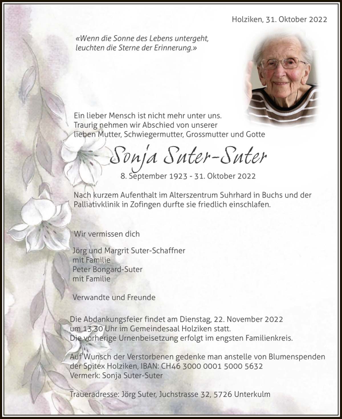 Todesanzeige Sonja Suter-Suter 1923 | Der Landanzeiger